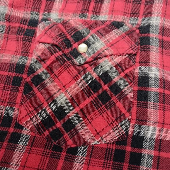 Wrangler Wrancher Mens Large Flannel Shirt Red Plaid Western Pearl Snap Cowboy - Picture 11 of 14
